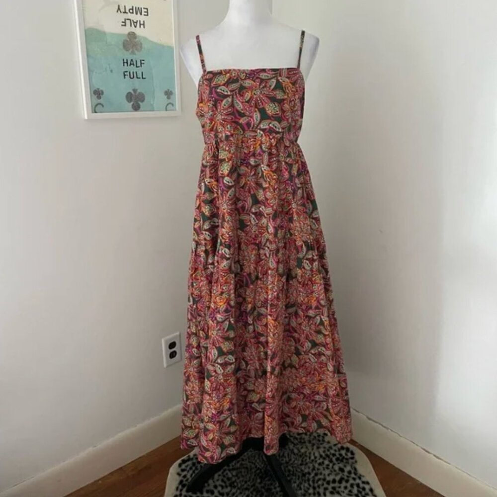 J.Crew Red and Green Floral Printed Tiered Maxi Dress